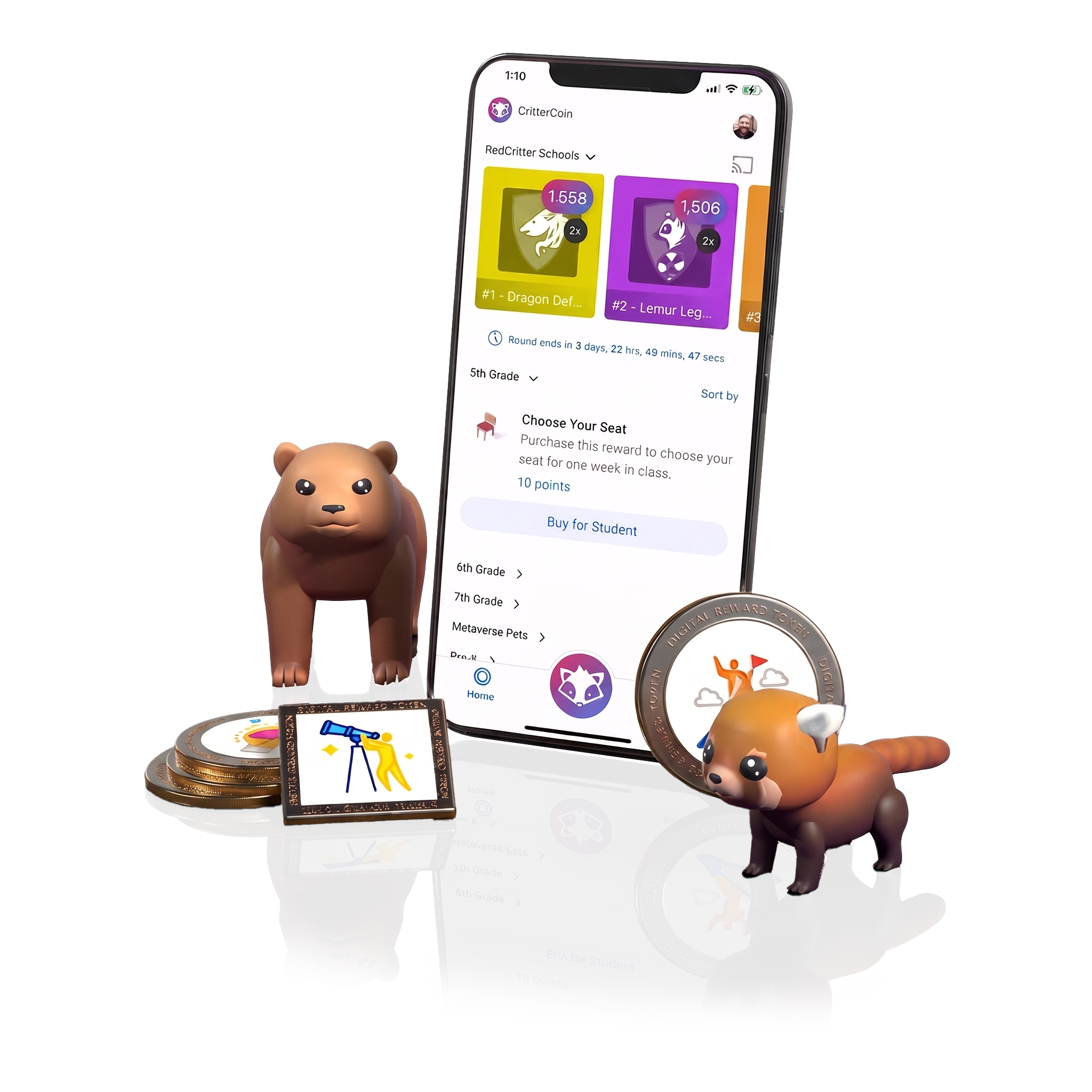 The CritterCoin app on a phone, shown with collectible Critters and digital reward coins